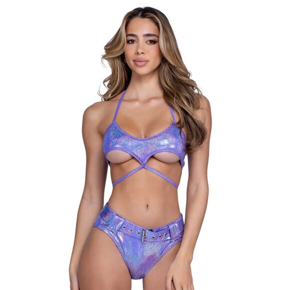 New RaveFix Lavender Set Shimmer Top with Underboob Cutout & High-Waisted Shorts - Picture 1 of 7